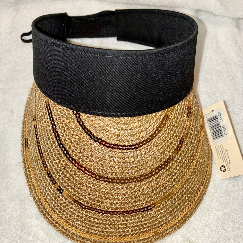 Odiva Gold Sequins Adjustable Visor Hat With Black Trim One Size, NWT